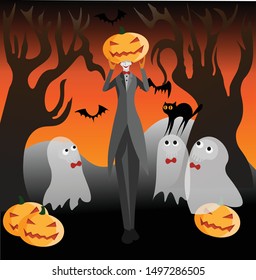 pumpkin man. Showing faces to the ghosts in hallowed party