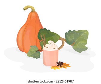  Pumpkin and maple leaves. Pumpkin autumn coffee drink with spices. Autumn design for Thanksgiving.