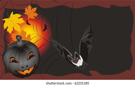 Pumpkin with maple leaves and bat. Halloween card. Vector