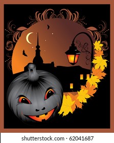 Pumpkin and maple leaves on the background of night city. Halloween. Vector