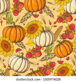 Pumpkin and maple leaves seamless pattern. Hand drawn background. Colorful vector illustration. Cute design with maple leaves, sunflower, corn, apples and pumpkin.