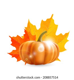 pumpkin and maple leaves, vector illustration, eps 10 with transparency and gradient meshes