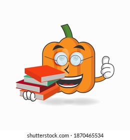 The Pumpkin mascot character becomes a librarian. vector illustration