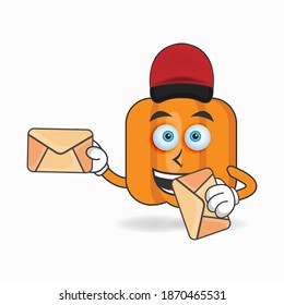 The Pumpkin mascot character becomes a mail deliverer. vector illustration