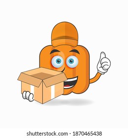 The Pumpkin mascot character is a delivery person. vector illustration