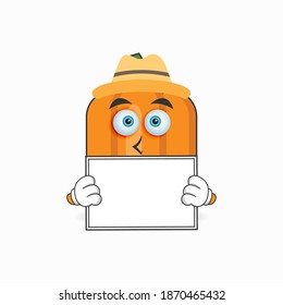 Pumpkin mascot character holding a white blackboard. vector illustration