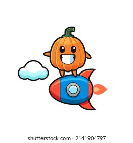 pumpkin mascot character riding a rocket , cute design