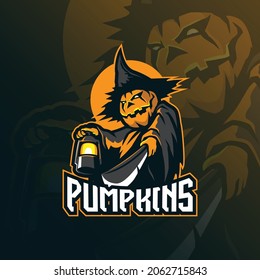 Pumpkin mascot logo design vector with modern illustration concept style for badge, emblem and t shirt printing. Angry pumpkin illustration for sport and esport team.