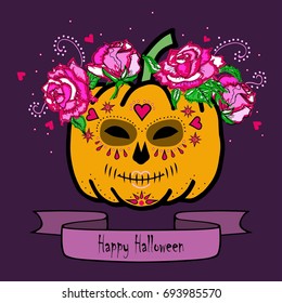 Pumpkin with Mask of Death and pink roses. Happy Halloween. Day of the dead (Dia de los muertos). Isolated on white background. Vector.