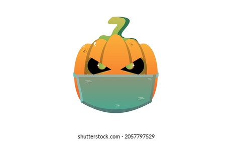 
Pumpkin with medical face mask flat design. Halloween festival in Covid-19 coronavirus outbreak vector concept illustration. Pumpkin Isolated on a white background for print and web and holidays