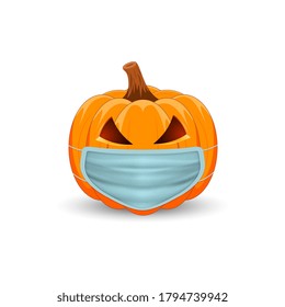 Pumpkin with medical mask on white background. The main symbol of the Happy Halloween holiday. Orange pumpkin with smile for your design for the holiday Halloween. Vector illustration.