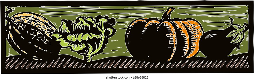Pumpkin, melon, eggplant, garlic.