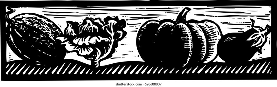 Pumpkin, melon, eggplant, garlic.