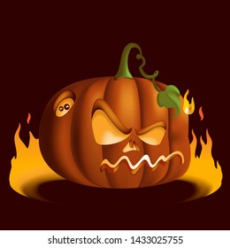 Pumpkin in the middle of the blaze of fire. for Halloween. Jack o'lantern isolated on black. Angry face.  Vector cartoon illustration.
