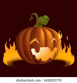 Pumpkin in the middle of the blaze of fire. for Halloween.  Jack o'lantern isolated on black. laughing face.  Vector cartoon illustration.

