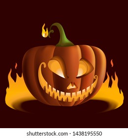 Pumpkin in the middle of the blaze of fire. for Halloween.  Jack o'lantern isolated on black. Ghost or demonic face.  Vector cartoon illustration.