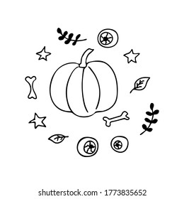 Pumpkin in the middle of witch elements. Doodle style. Leaf sprigs, bones, eyeballs, stars, leaves. Witches items. Black and white vector. Concept holiday illustration. Happy Halloween. Harvesting