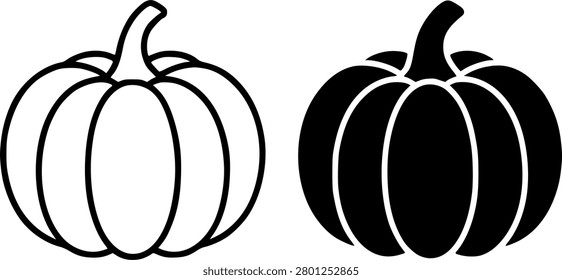 Pumpkin minimalist icon, black and white in outline and silhouette design