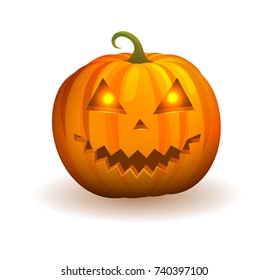 Pumpkin with mischievous face, bright flame in triangular eyes and curled stem isolated cartoon vector illustration on white background.