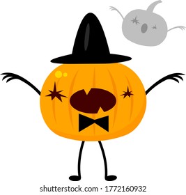 pumpkin monster in a black hat in an intimidating pose next to a gray ghost object on a white background halloween and mysticism concept