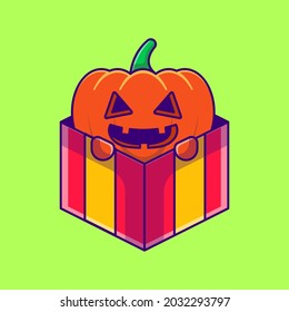 Kürbis-Monster in Box Geschenkkartoon Illustration. Halloween Flach Cartoon Style Konzept