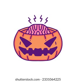 Pumpkin monster with brain inside, illustration for t-shirt, sticker, or apparel merchandise. With doodle, retro, and cartoon style.