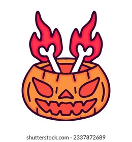 Pumpkin monster and burning bones, illustration for t-shirt, sticker, or apparel merchandise. With doodle, retro, and cartoon style.