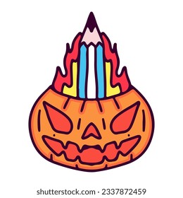 Pumpkin monster with burning pencil inside, illustration for t-shirt, sticker, or apparel merchandise. With cartoon style.