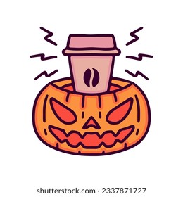 Monstruo de calabaza con taza de café dentro, ilustración para camisetas, pegatinas o prendas de vestir. Con doodle, retro y estilo de caricatura.