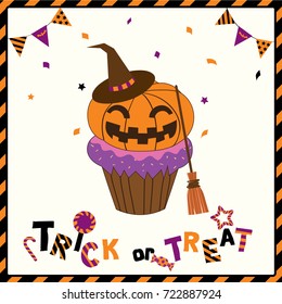Pumpkin monster cupcake for Happy Halloween party on background isolated