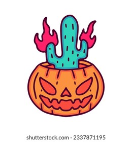 Pumpkin monster with flaming cactus inside, illustration for t-shirt, sticker, or apparel merchandise. With doodle, retro, and cartoon style.