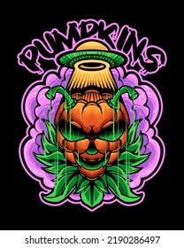 Pumpkin Monster for Halloween Japanese Illustration Style Isolated Vector. Editable Layer and Color. Pumpkin Monster with Alien Costume for Halloween Event.