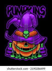 Pumpkin Monster for Halloween Japanese Illustration Style Isolated Vector. Editable Layer and Color. Pumpkin Monster with The Witcher Costume for Halloween Event.