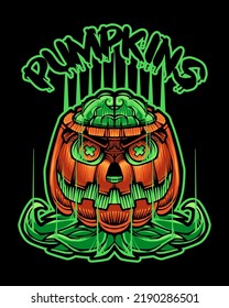 Pumpkin Monster for Halloween Japanese Illustration Style Isolated Vector. Editable Layer and Color. Pumpkin Monster with the Brain Outside for Halloween Event.