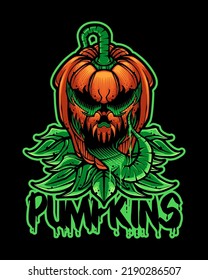 Pumpkin Monster for Halloween Japanese Illustration Style Isolated Vector. Editable Layer and Color. Pumpkin Monster Symbiote for Halloween Event.
