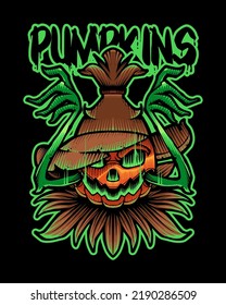 Pumpkin Monster for Halloween Japanese Illustration Style Isolated Vector. Editable Layer and Color. Scarecrow Pumpkin Monster with Straw Hat for Halloween Event.