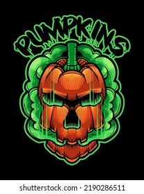 Pumpkin Monster for Halloween Japanese Illustration Style Isolated Vector. Editable Layer and Color. Skull Pumpkin Monster Smoke for Halloween Event.