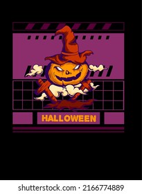 pumpkin monster illustration, cross and halloween text, on sacred geometry background. vector image for t-shirts, clothes at halloween party