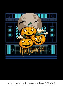 pumpkin monster illustration at night, clouds, moon, halloween text and geometry background. vector design, good for printing as t-shirts, merchandise, clothes, costumes at halloween parties