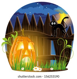 Pumpkin monster with leaves and  sprouts are under the fence on which there is a black cat