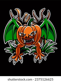 Pumpkin monster mascot logo for halloween celebration isolated on dark background