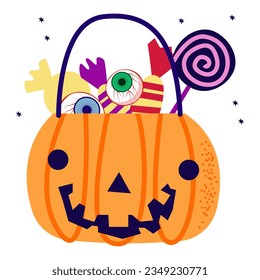 Pumpkin monster with sweets, candies halloween vector illustration