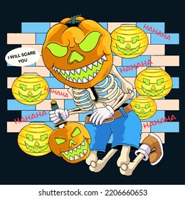 pumpkin monster vector print illustration