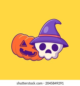 pumpkin monster and witch skull happy halloween cartoon illustrations