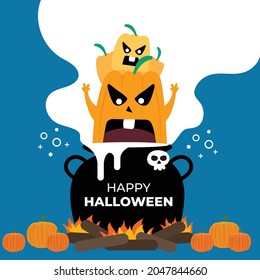 Pumpkin monsters in black pot. Happy halloween night