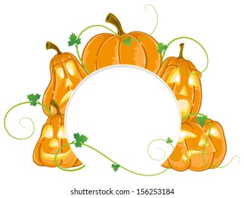 Pumpkin monsters with different facial expressions on a white background with round place for text