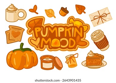 Pumpkin Mood Autumn Elements. Pumpkin, pie, coffee, candle and cozy fall elements around hand-drawn "Pumpkin Mood" lettering. Cartoon style, warm autumn palette, isolated on white background.