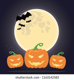 pumpkin and the moon with bats in halloween