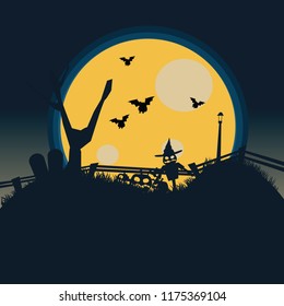 pumpkin and moon in graveyard vector illustration 