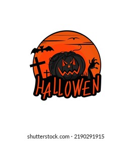 Pumpkin and moon pattern for Halloween. Crosses, cemetery, bat. Color vector illustration in cartoon style.